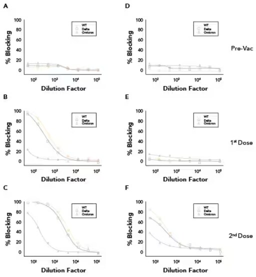Example data from SARS-CoV-2 Variant Inhibitor Screening Kit using vaccinated donor samples using Wild Type or the Delta and Omicron Variants.