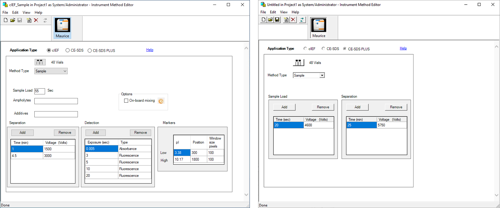 Empower software screenshots showing method editor options