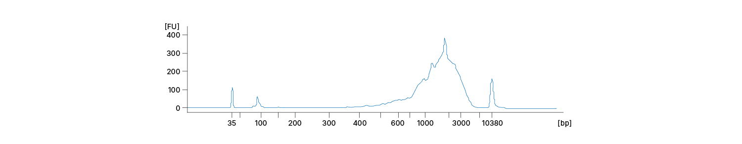Line graph showing a representative Bioanalyzer trace of successfully amplified Smart-seq2 cDNA from a HEK cell using SEQURNA.