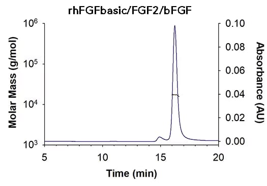 SEC-MALS graph of recombinant human FGF-basic protein determined to be a monomer.