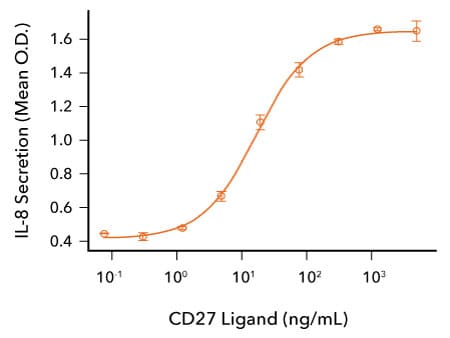 Bioassay data line graph showing CD27 Ligand-induced IL-8 secretion from CD27 transfected cells