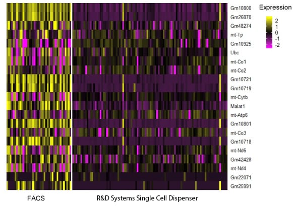 Stress-related gene expression markers of cells sorted with FACS compared to R&D Systems Single Cell Dispenser.