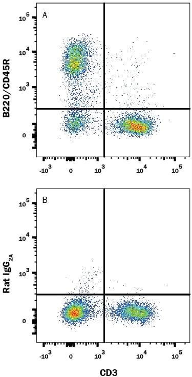 Detection of B220/CD45R antibody in Mouse Splenocytes antibody by Flow Cytometry.