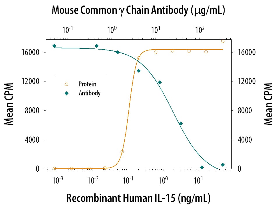 Cell Proliferation Induced by IL‑15 and Neutralization by Mouse Common  gamma  Chain/ IL‑2 R gamma  Antibody.