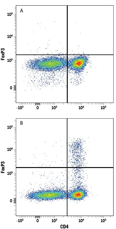 Detection of FoxP3 antibody in Human PBMCs stimulated to induce Tregs antibody by Flow Cytometry.