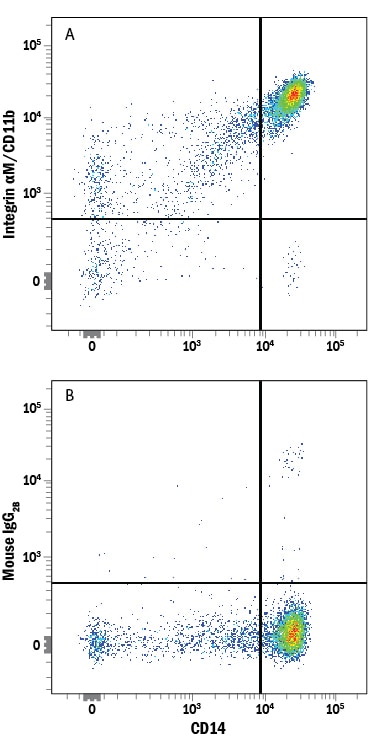 Detection of Integrin aM/CD11b antibody in Human PBMCs antibody by Flow Cytometry.