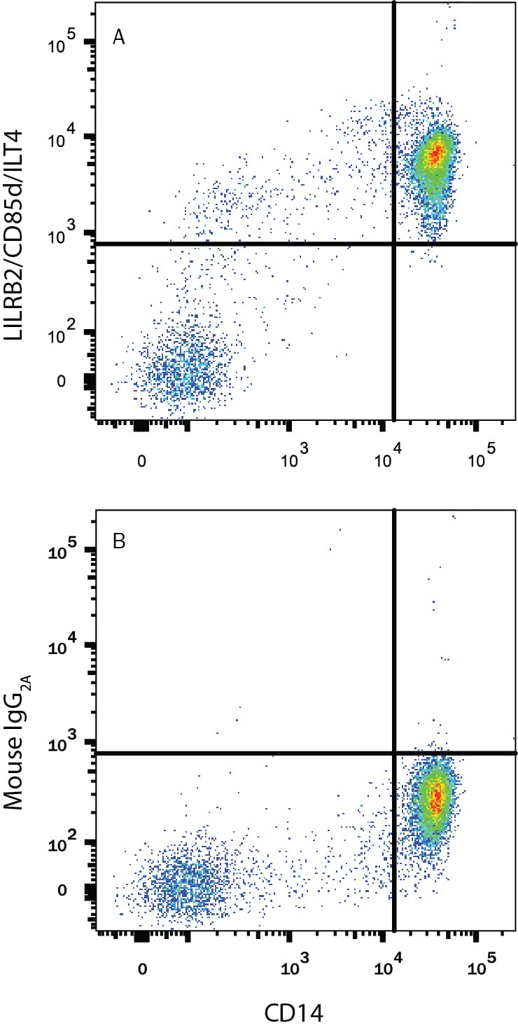 Detection of LILRB2/CD85d/ILT4 antibody in Human Blood Monocytes antibody by Flow Cytometry.