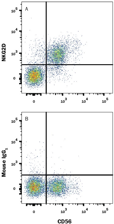 Detection of NKG2D/CD314 antibody in Human PBMCs gated on CD3-cells antibody by Flow Cytometry.