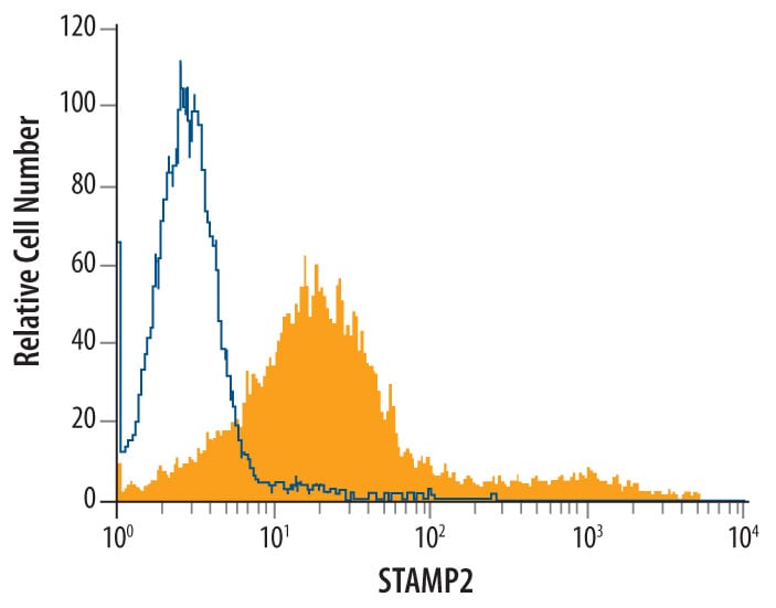 Detection of STAMP2 antibody in Human STAMP2 Transfected HEK293 Human Cell Line antibody by Flow Cytometry.