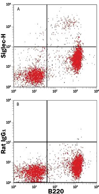 Detection of Siglec-H antibody in Mouse Splenocytes antibody by Flow Cytometry.