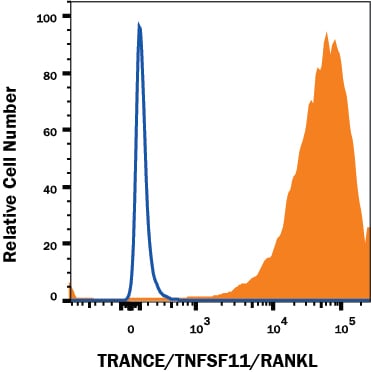 Detection of TRANCE/TNFSF11/RANK L antibody in HEK293 human cell line transfected with human TRANCE antibody by Flow Cytometry.