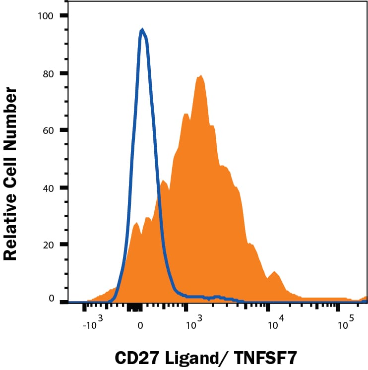 Detection of CD27Ligand/TNFSF7 antibody in HEK293 Human Cell Line Transfected with Human CD27 Ligand/TNFSF7 antibody by Flow Cytometry.
