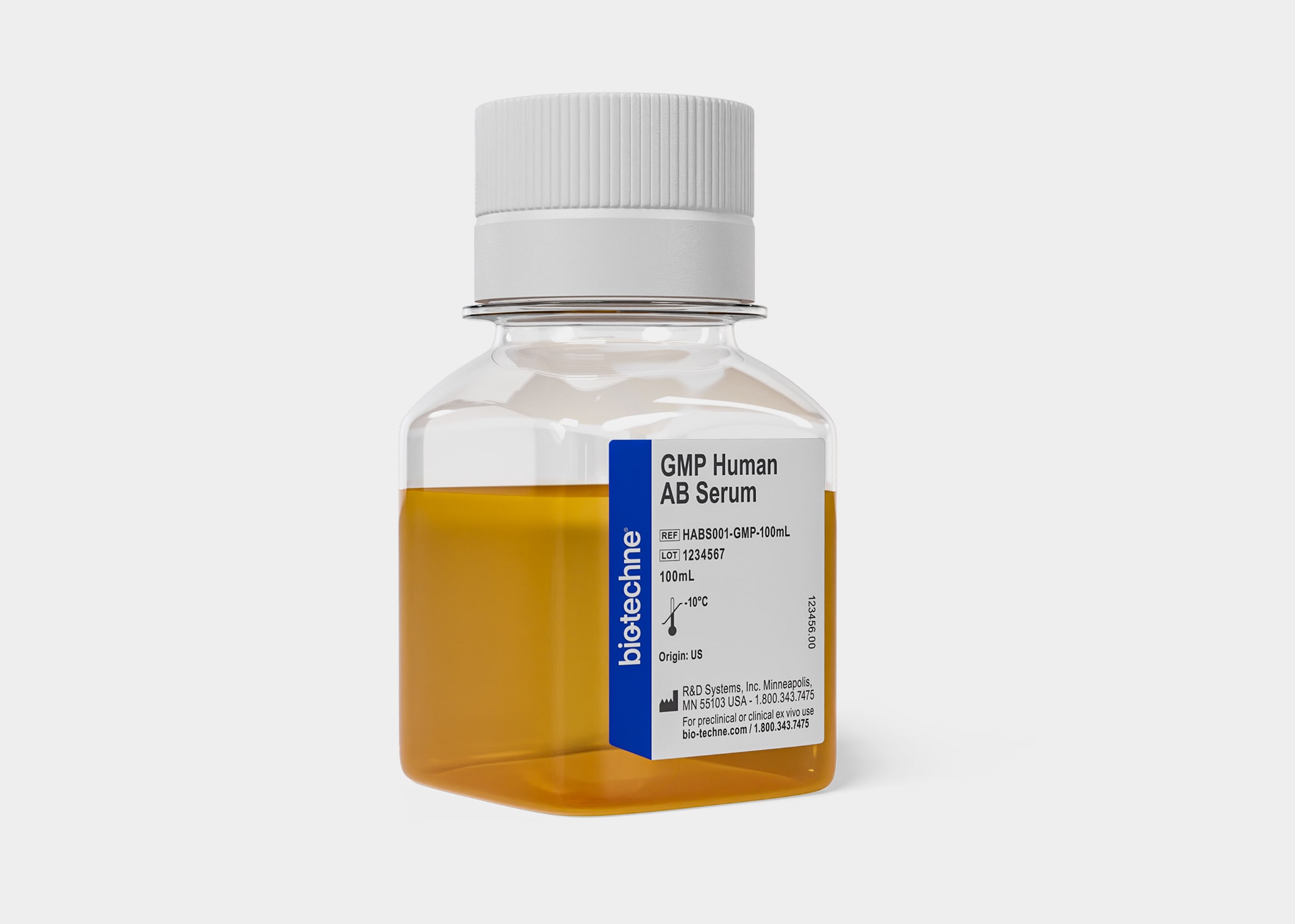 Product shot of 100mL GMP Human AB Serum bottle format