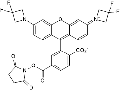 Yellow dye (Reactive group: NHS ester). Applications: super resolution microscopy, confocal and live cell imaging