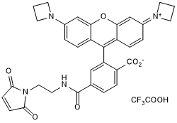 Yellow dye (Reactive group: maleimide). Applications: super resolution microscopy e.g. dSTORM & STED, confocal, flow and live cell imaging