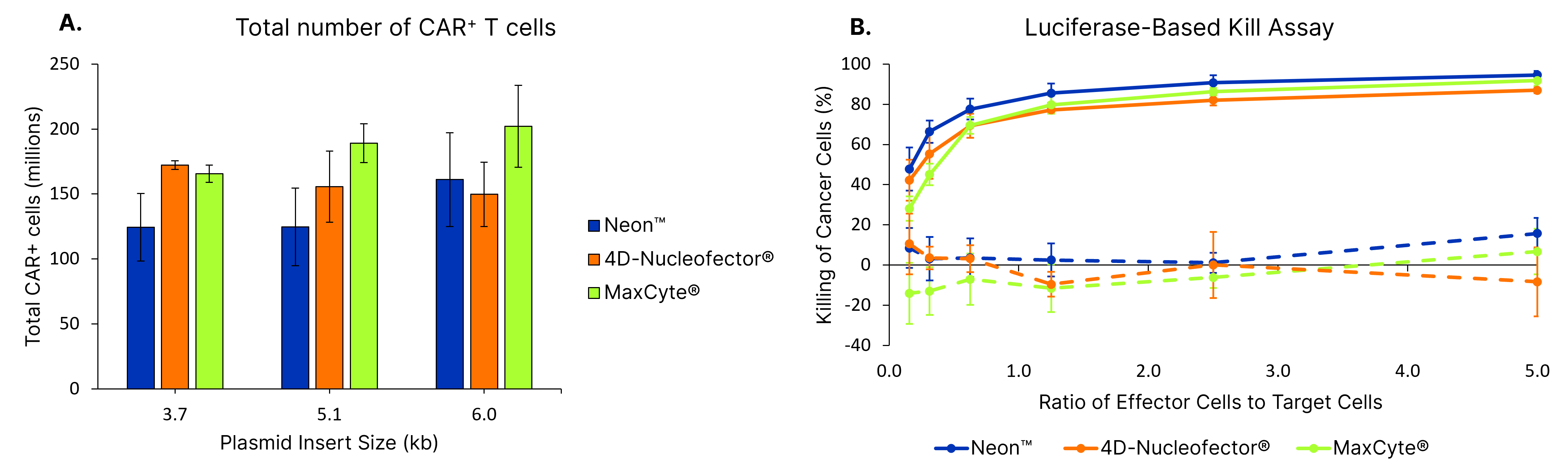 Robust total number of CD19-CAR-T cells is generated by TcBuster editing and subsequent expansion. These cells are potent and kill target cancer cells at different effector to target ratios.