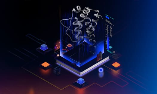 Protein ribbon structure of IL-2 on top of a computer circuit board